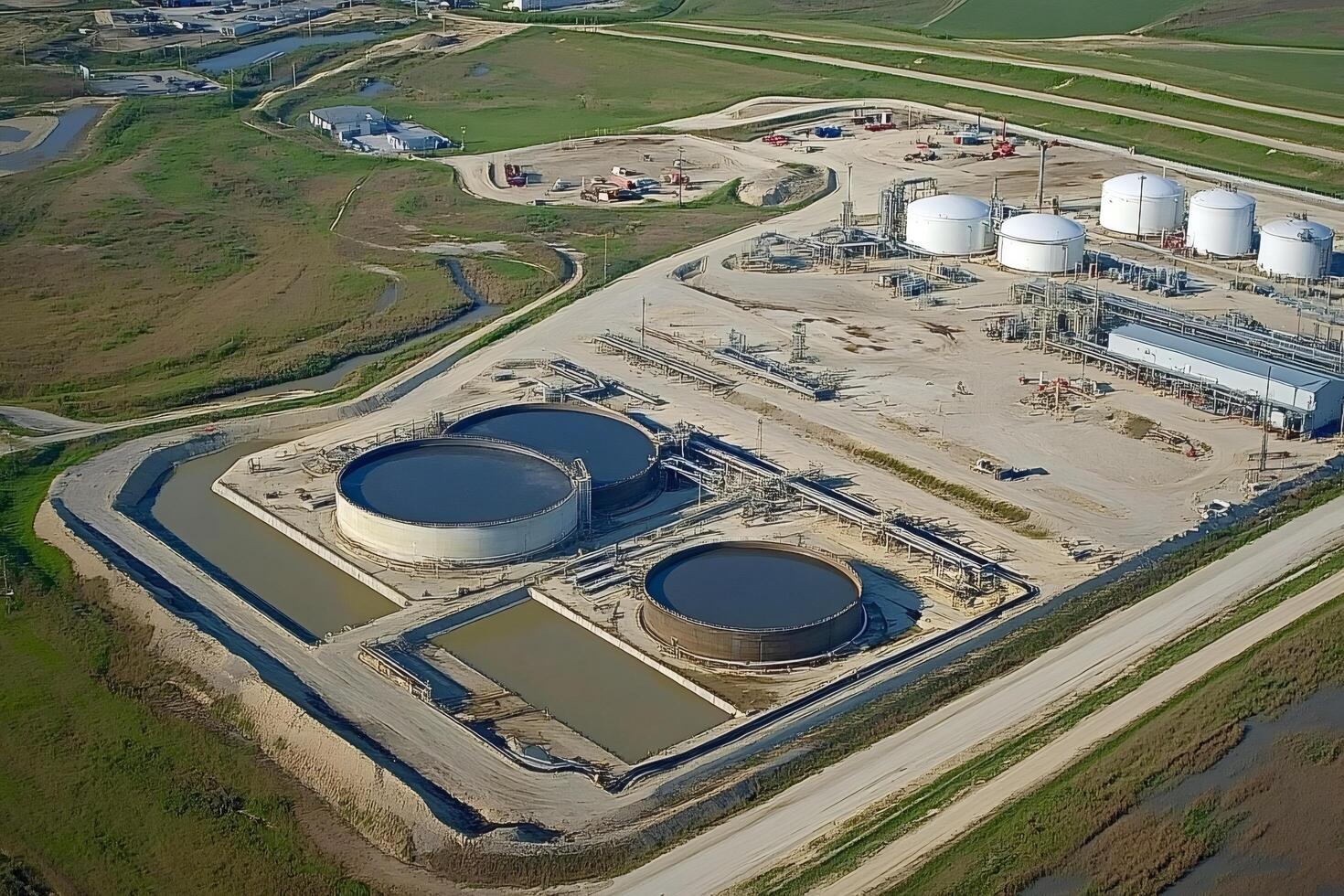 Oil refinery processing plant storing crude petroleum in large tanks photo