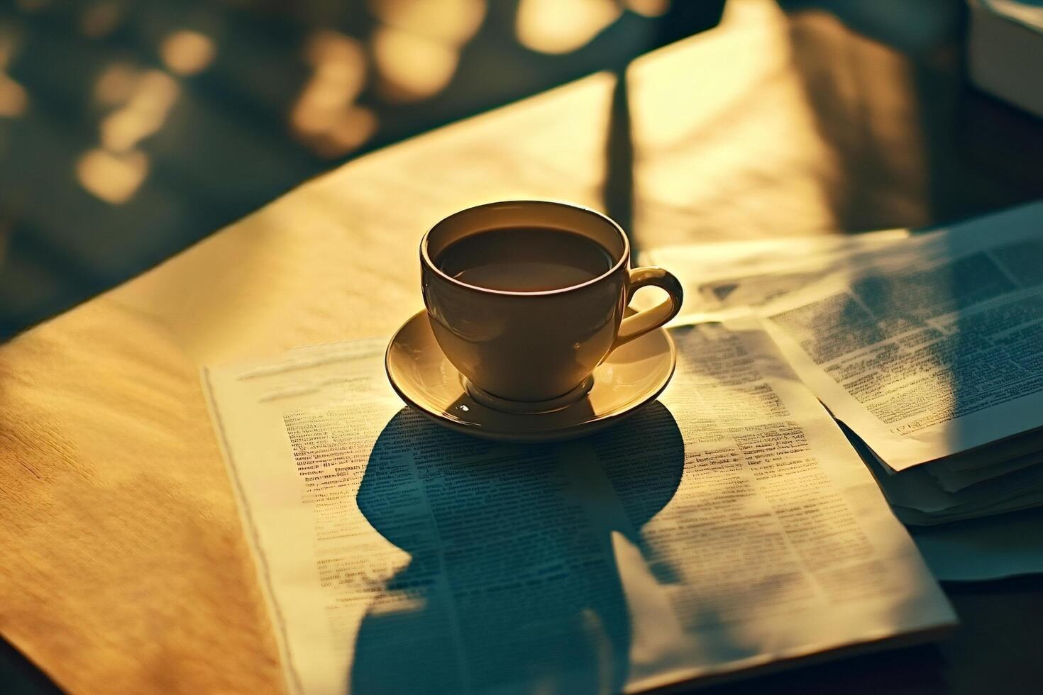 Cup of coffee sitting on newspaper under morning sunlight photo