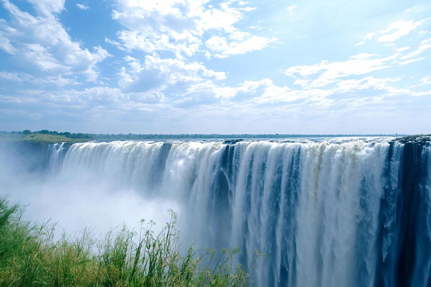Victoria falls cascading water with mist and blue sky in background photo