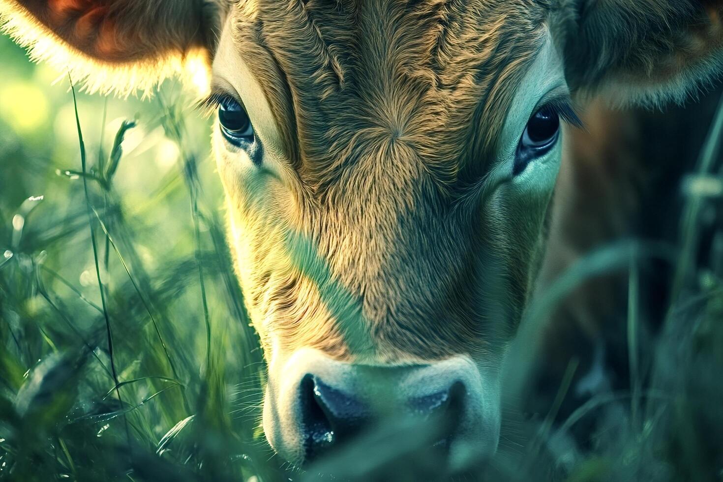 Jersey calf grazing in lush green pasture photo