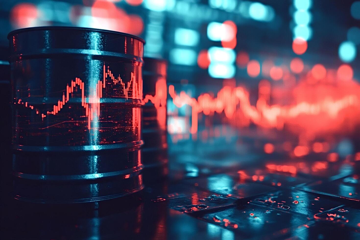 Oil barrel with glowing stock market graph reflecting on trading floor photo