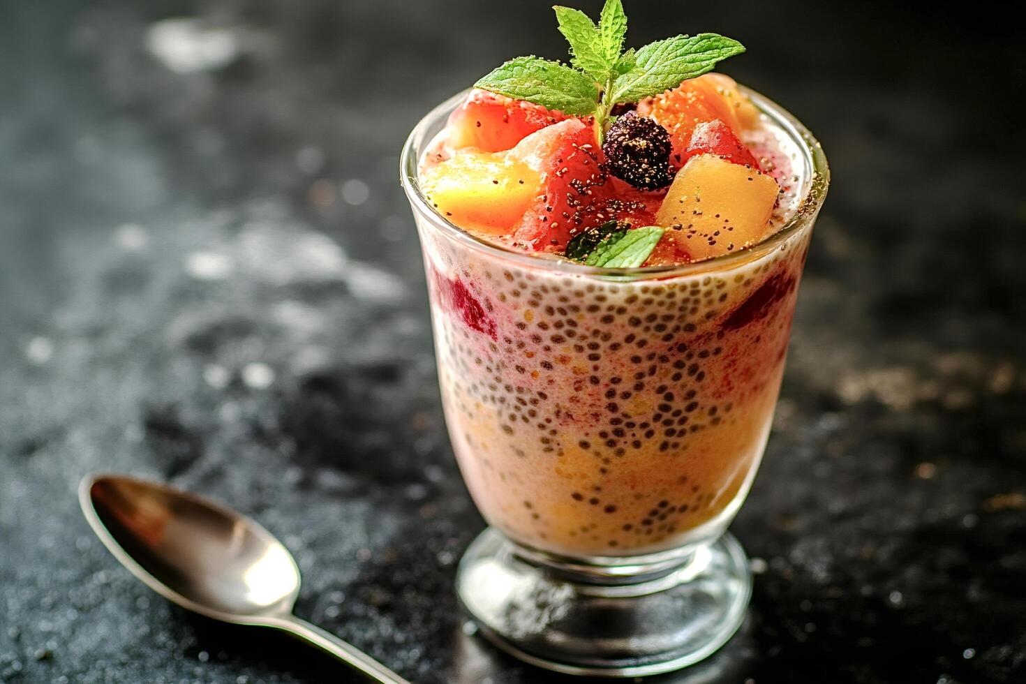 Chia seed pudding with berries and fruits topping photo