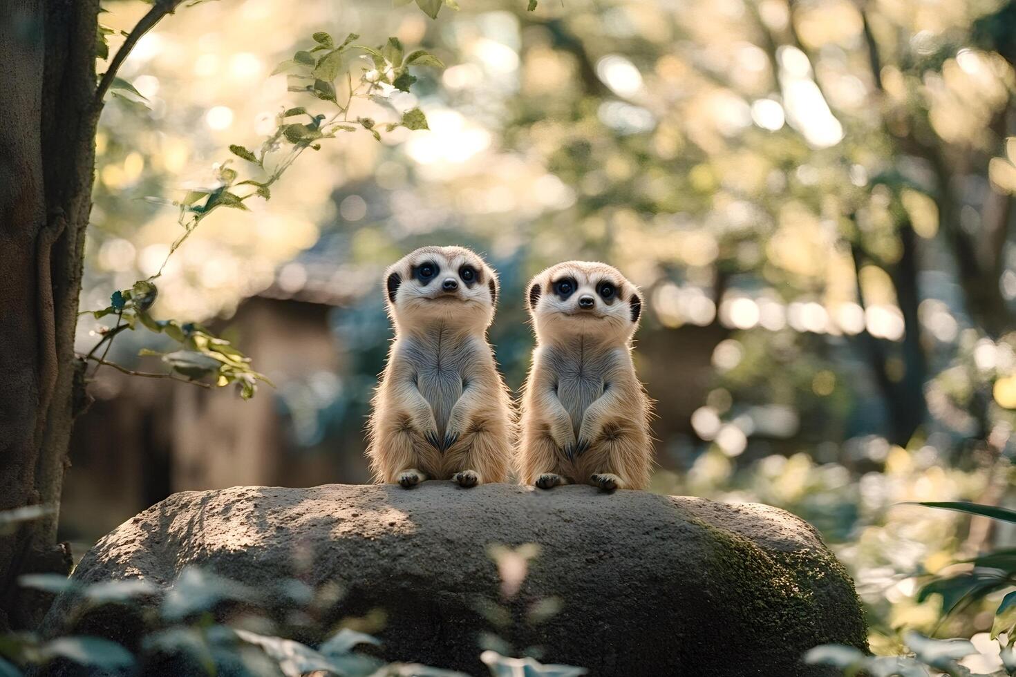 Two meerkats sitting on a rock in the forest photo