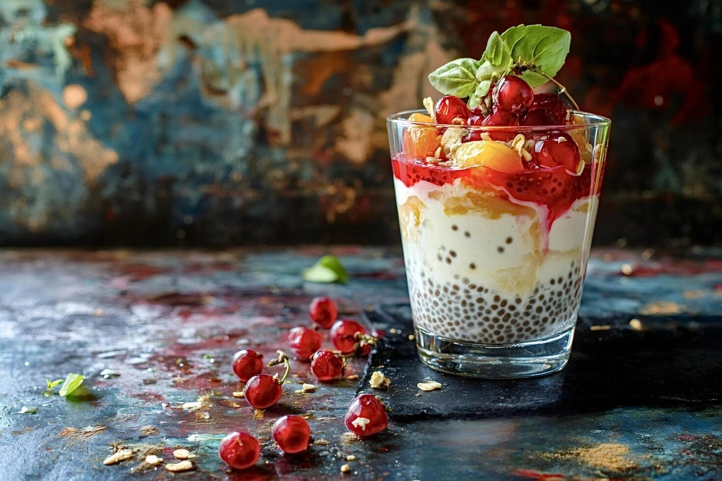 Chia seed pudding with redcurrant and peach topped with basil leaf photo