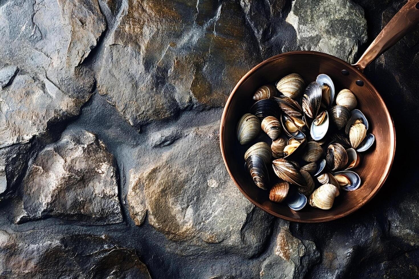 Fresh clams steaming in copper pan on rustic stone surface photo