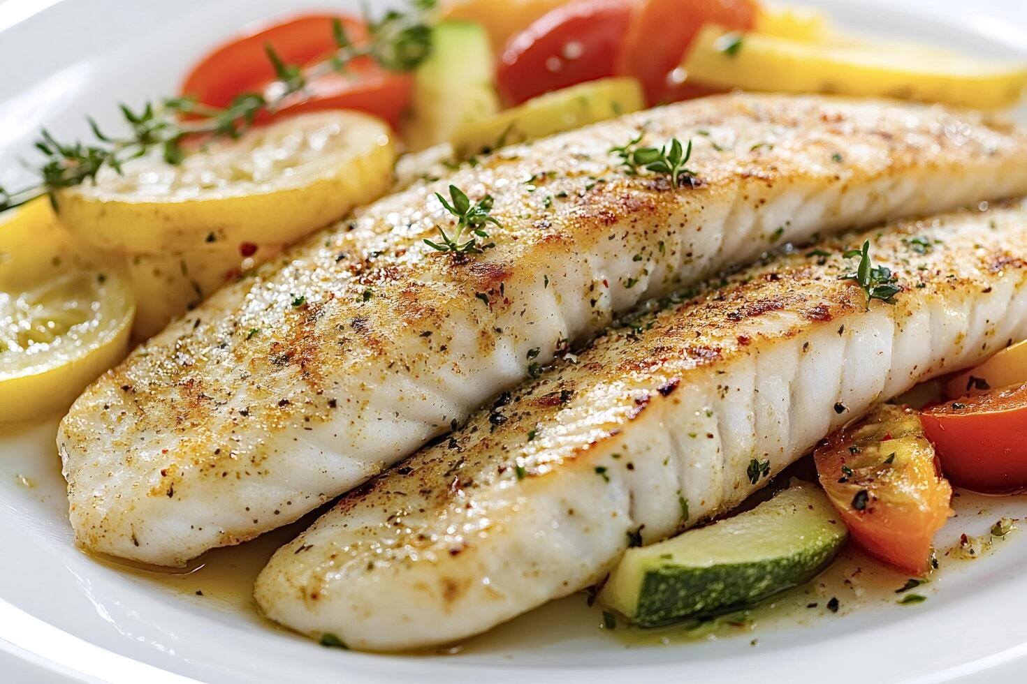 Delicious grilled fish fillets with roasted vegetables and thyme photo