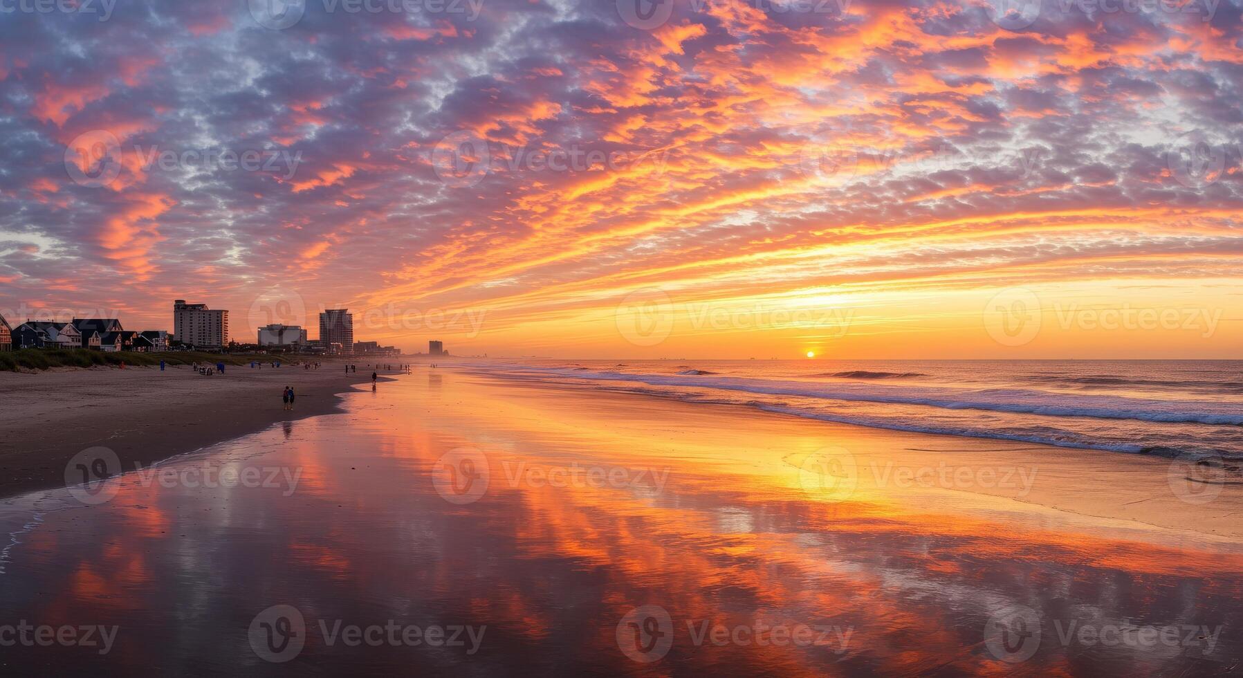 Sunset at the beach with clouds reflecting in the water photo