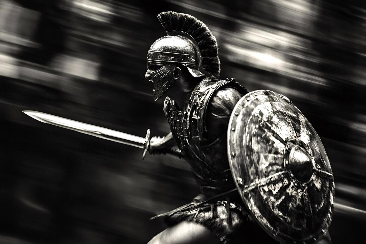 Roman soldier running with sword and shield in black and white photo