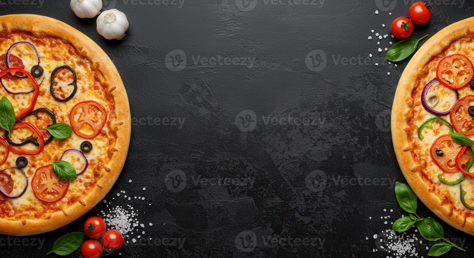 Two pizzas with different toppings on a black background photo