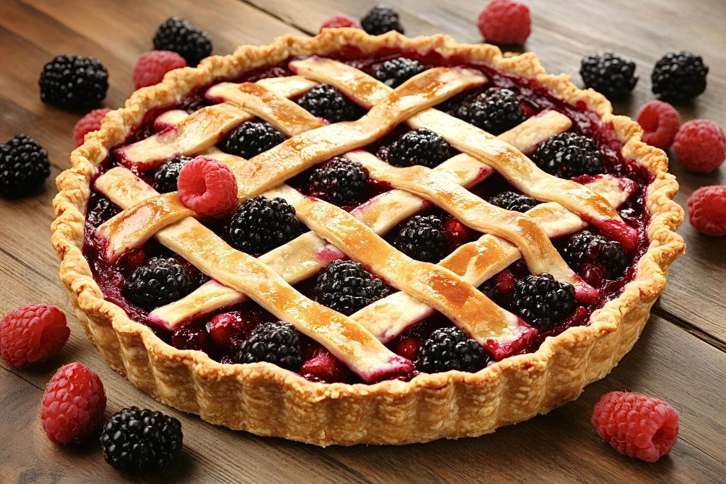 Delicious homemade berry pie showing lattice crust on rustic wooden table photo