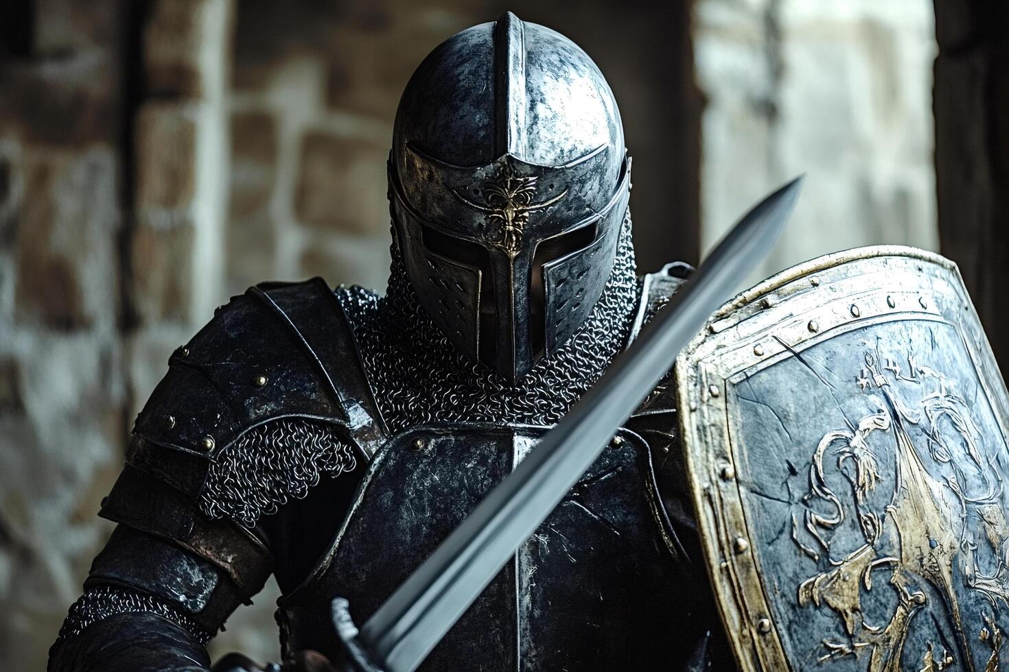 Medieval knight holding sword and shield in ancient castle photo