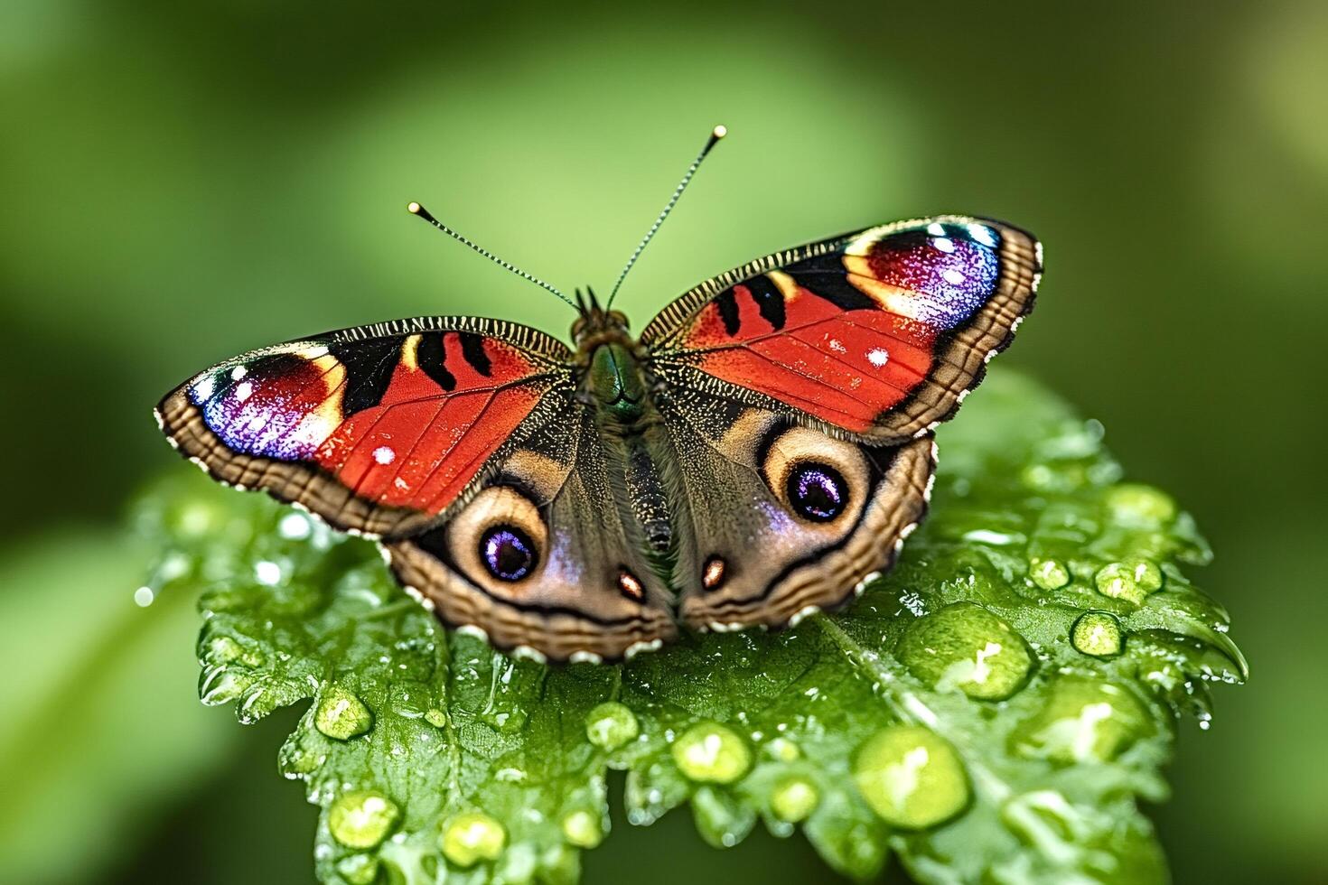Colorful peacock butterfly resting on a dewy leaf photo