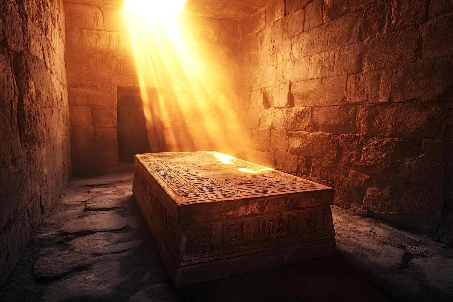 Sunlight illuminating ancient egyptian sarcophagus in tomb photo