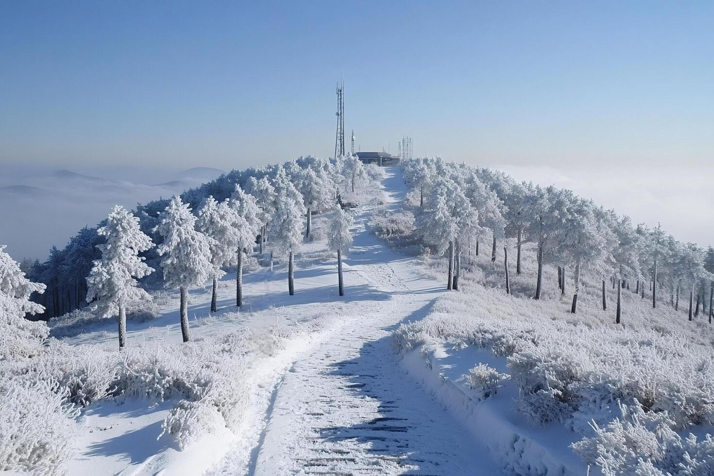 Snowy path leading to telecommunication towers on mountain top photo