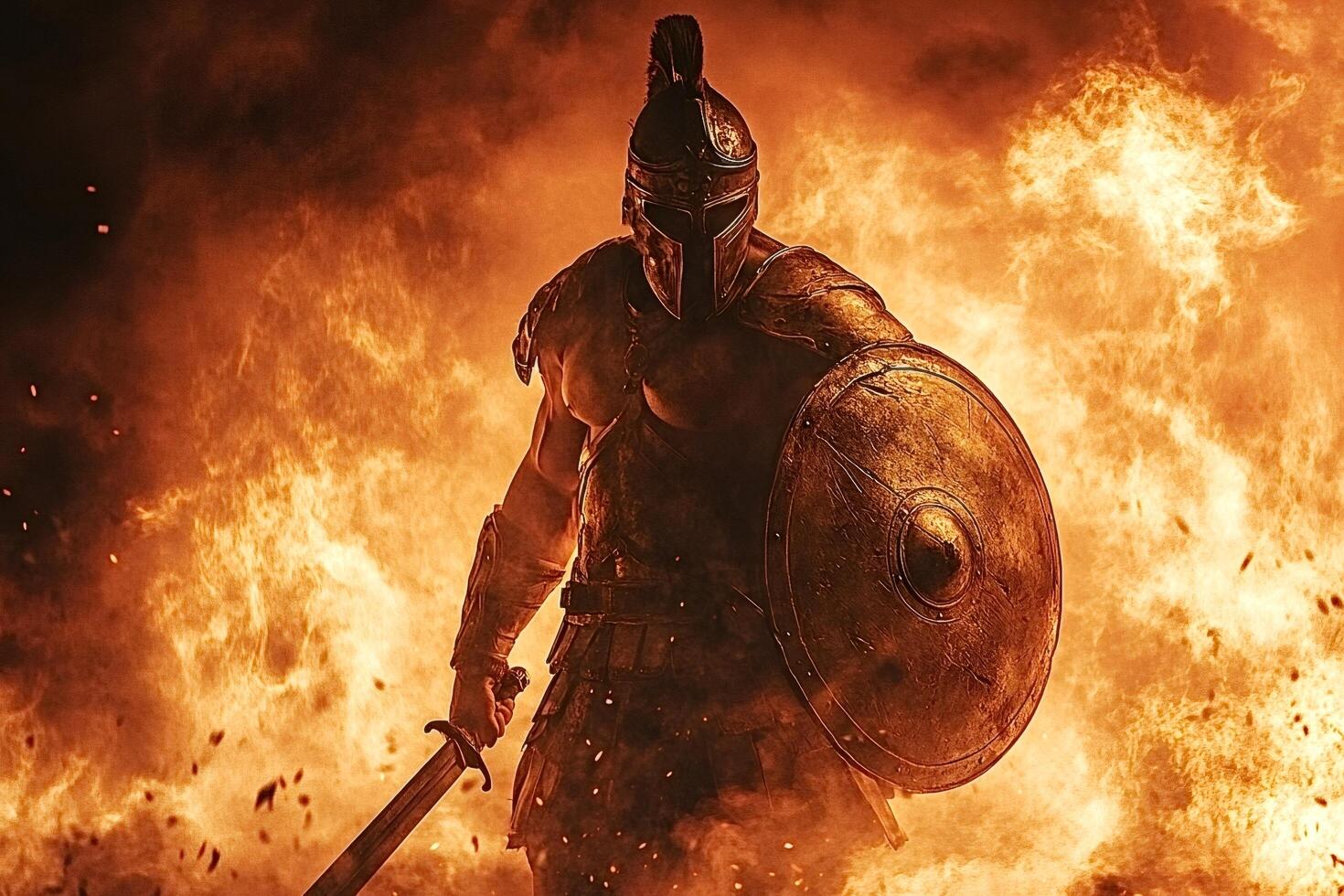 Powerful spartan warrior holding sword and shield in fiery battlefield photo