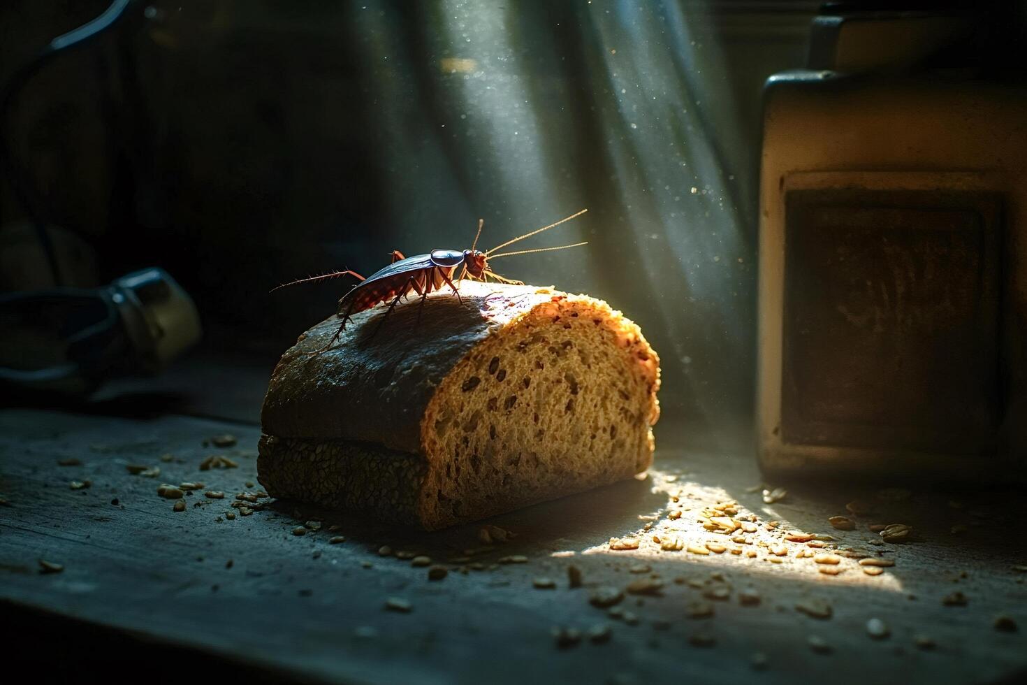 Cockroach crawling on slice of bread in dark room photo