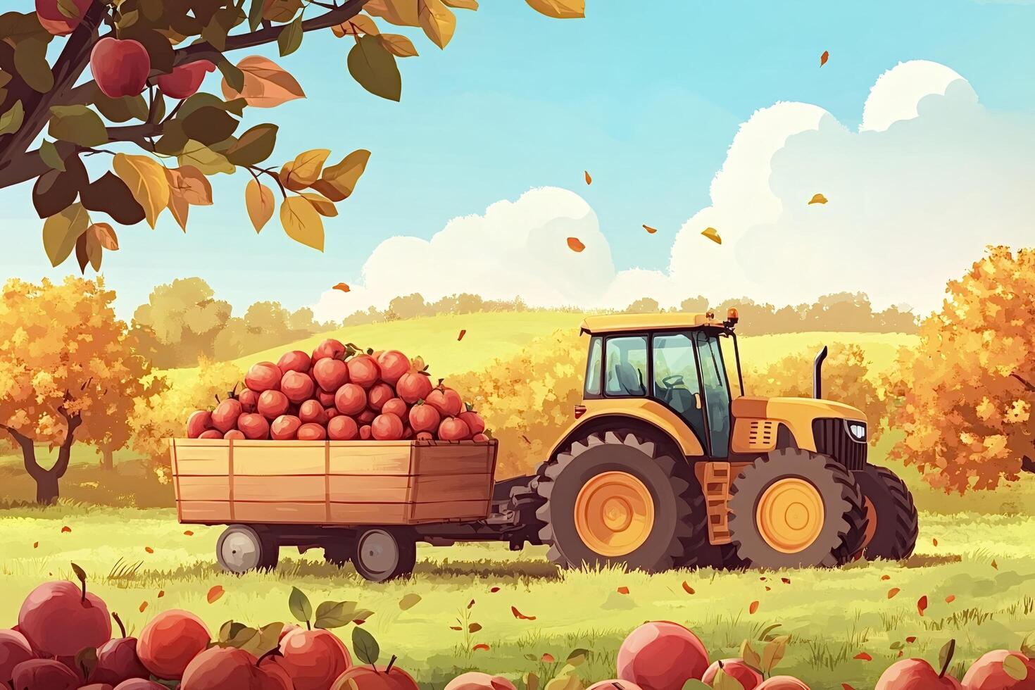 Tractor carrying apples in orchard during harvest season photo