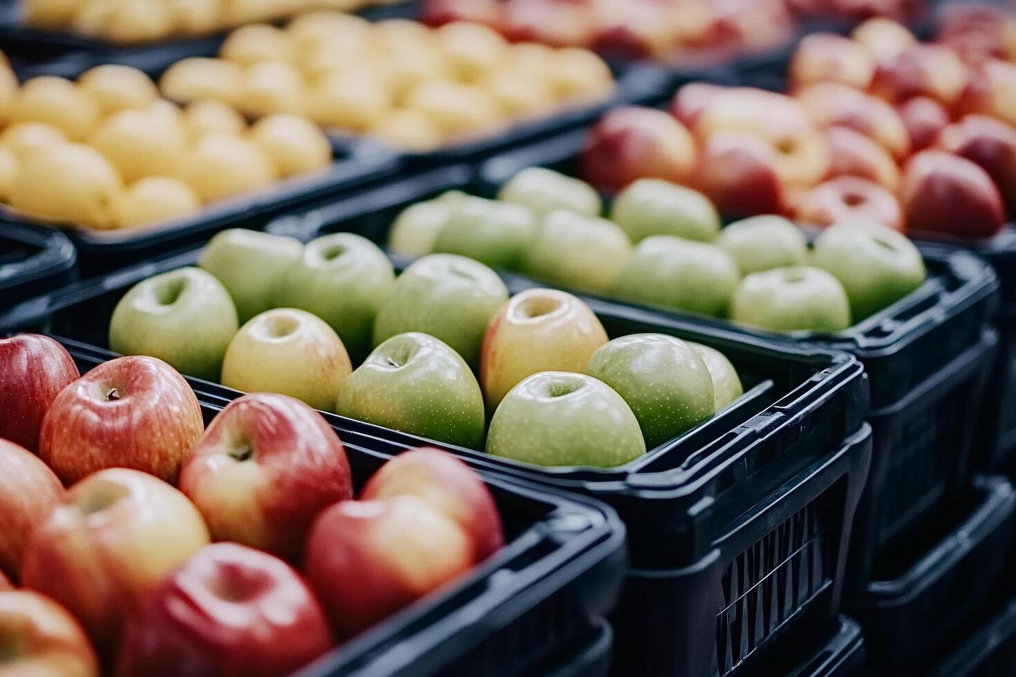 Fresh apples sorted by color in crates at market display photo