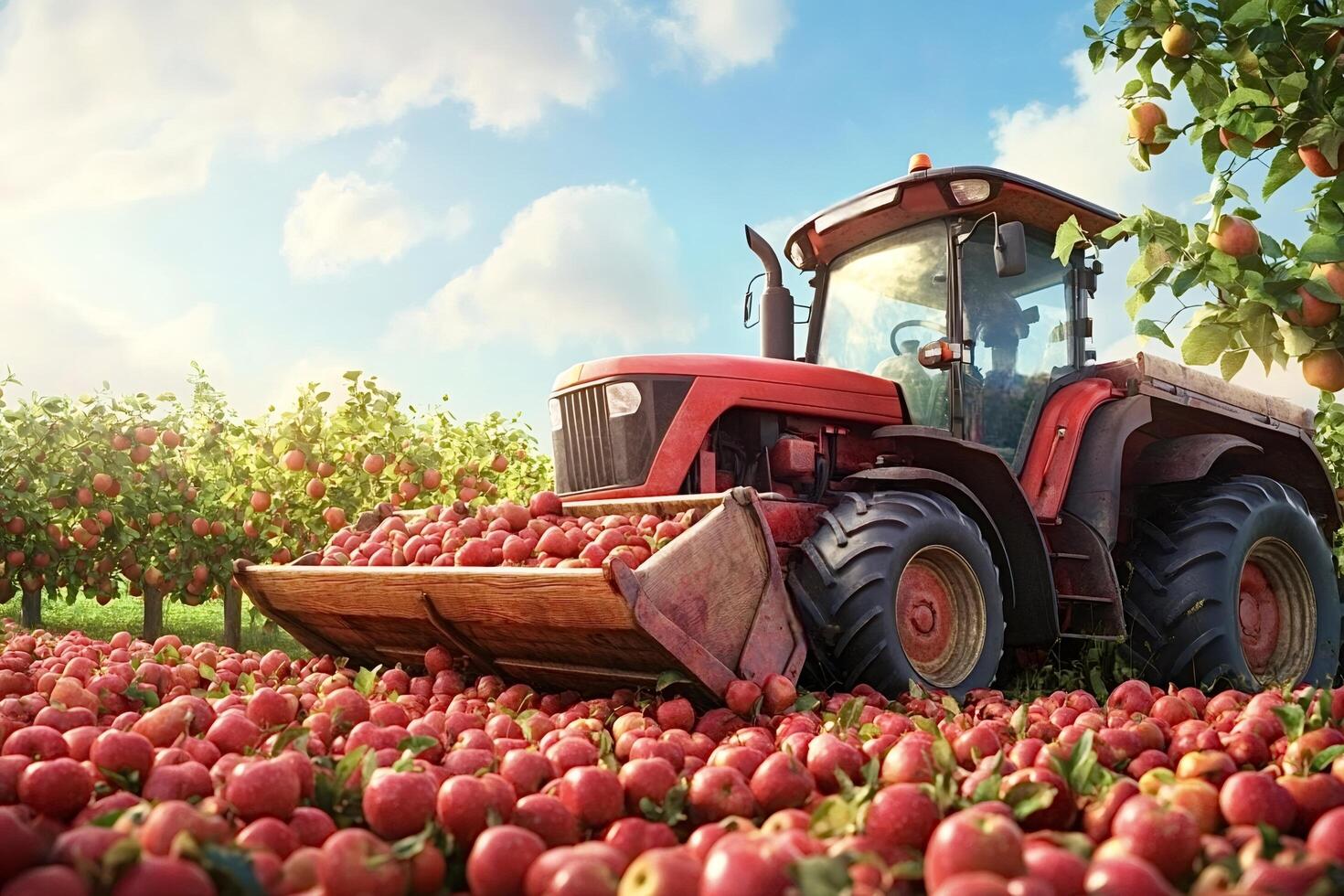 Red tractor gathering apples in an orchard during harvest time photo