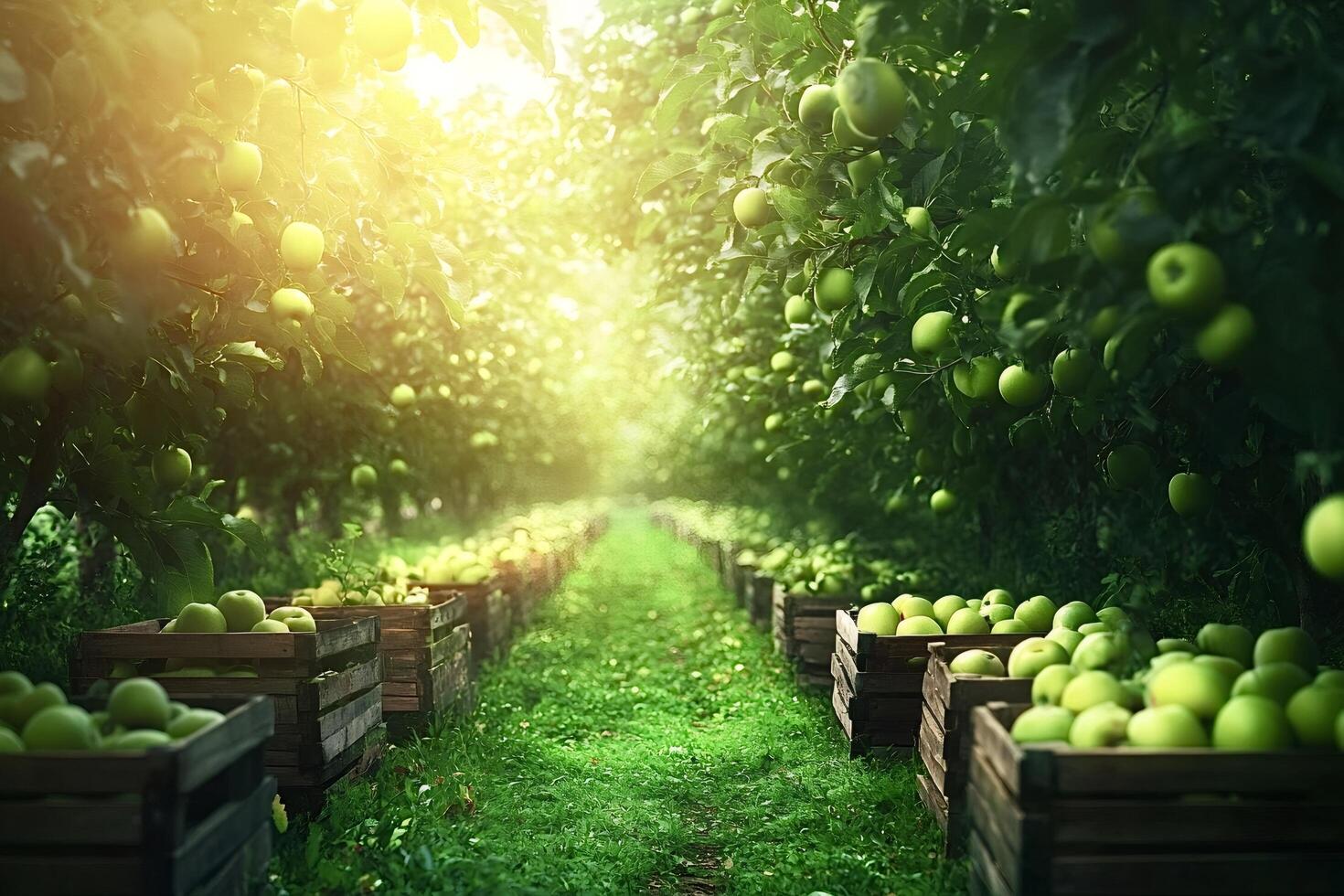 Green apples harvesting in wooden crates at orchard farm on sunny day photo