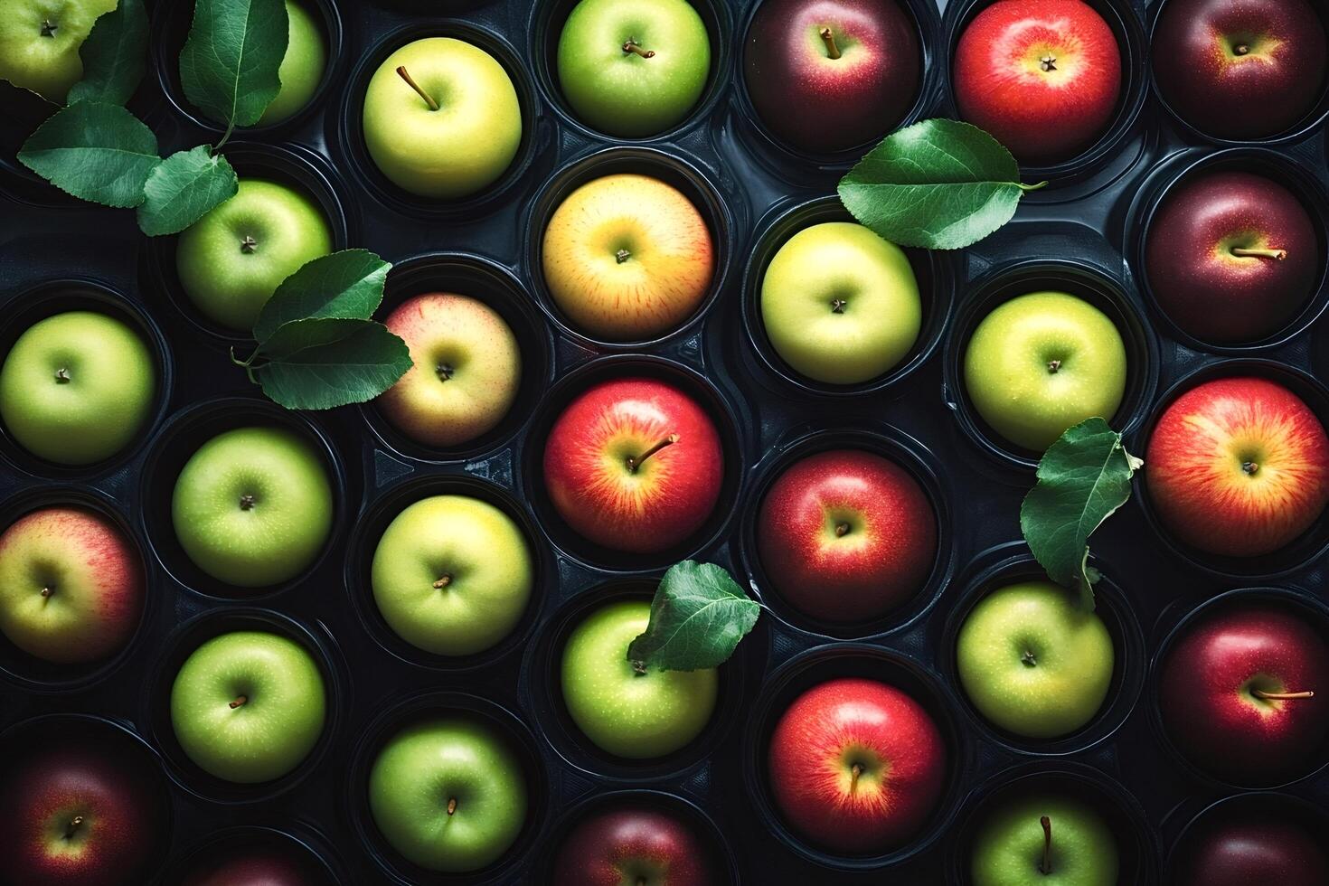 Freshly picked red and green apples displayed in a tray vibrant colorful pattern photo