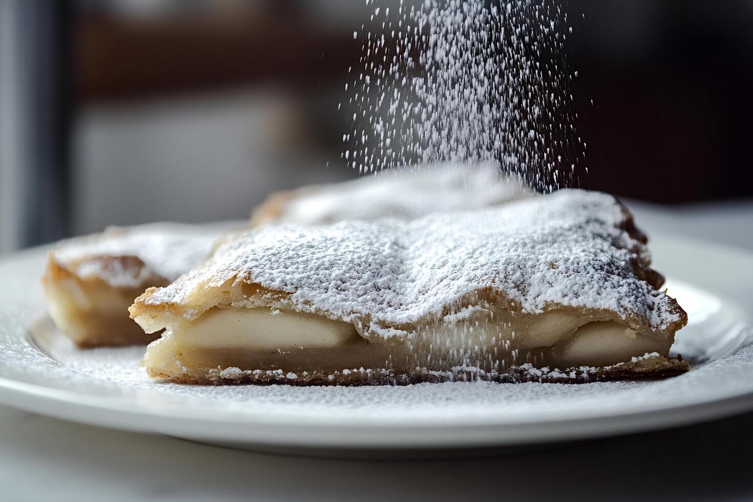 Pastry chef sprinkling icing sugar on delicious apple turnover photo