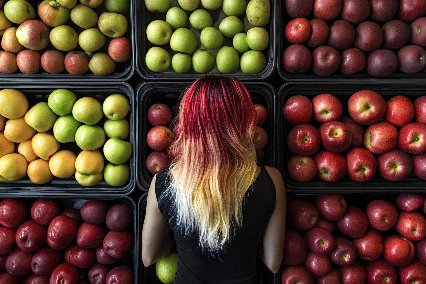 Woman with dyed hair choosing apples at the supermarket photo