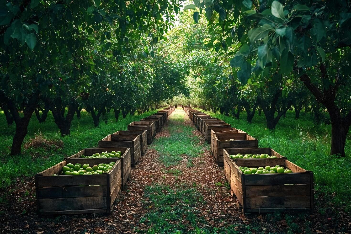 Wooden crates overflowing with freshly picked green apples in orchard photo