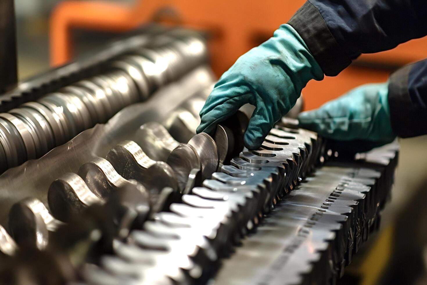 Industrial worker assembling metal part using rotary screw air compressor rotor photo