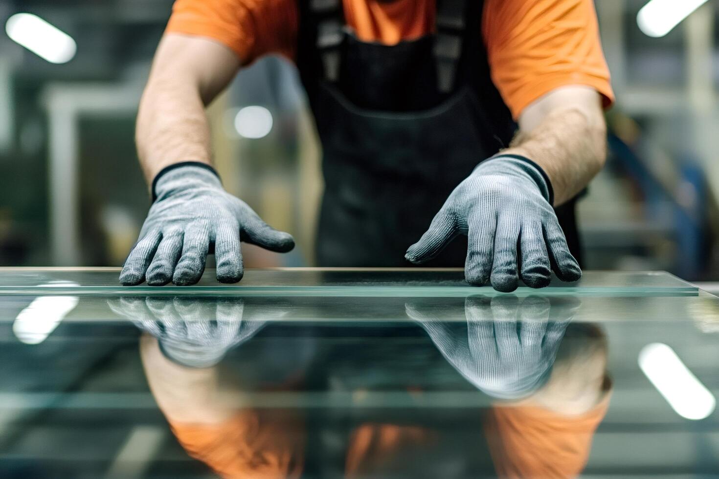 Glazier checking glass pane in workshop manufacturing process photo