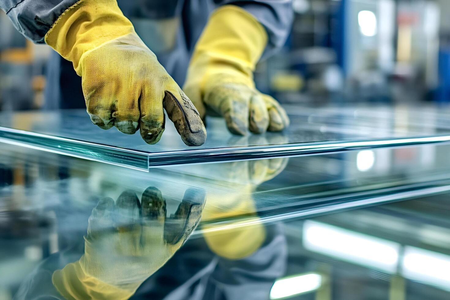 Glazier working with glass pane in factory workshop photo
