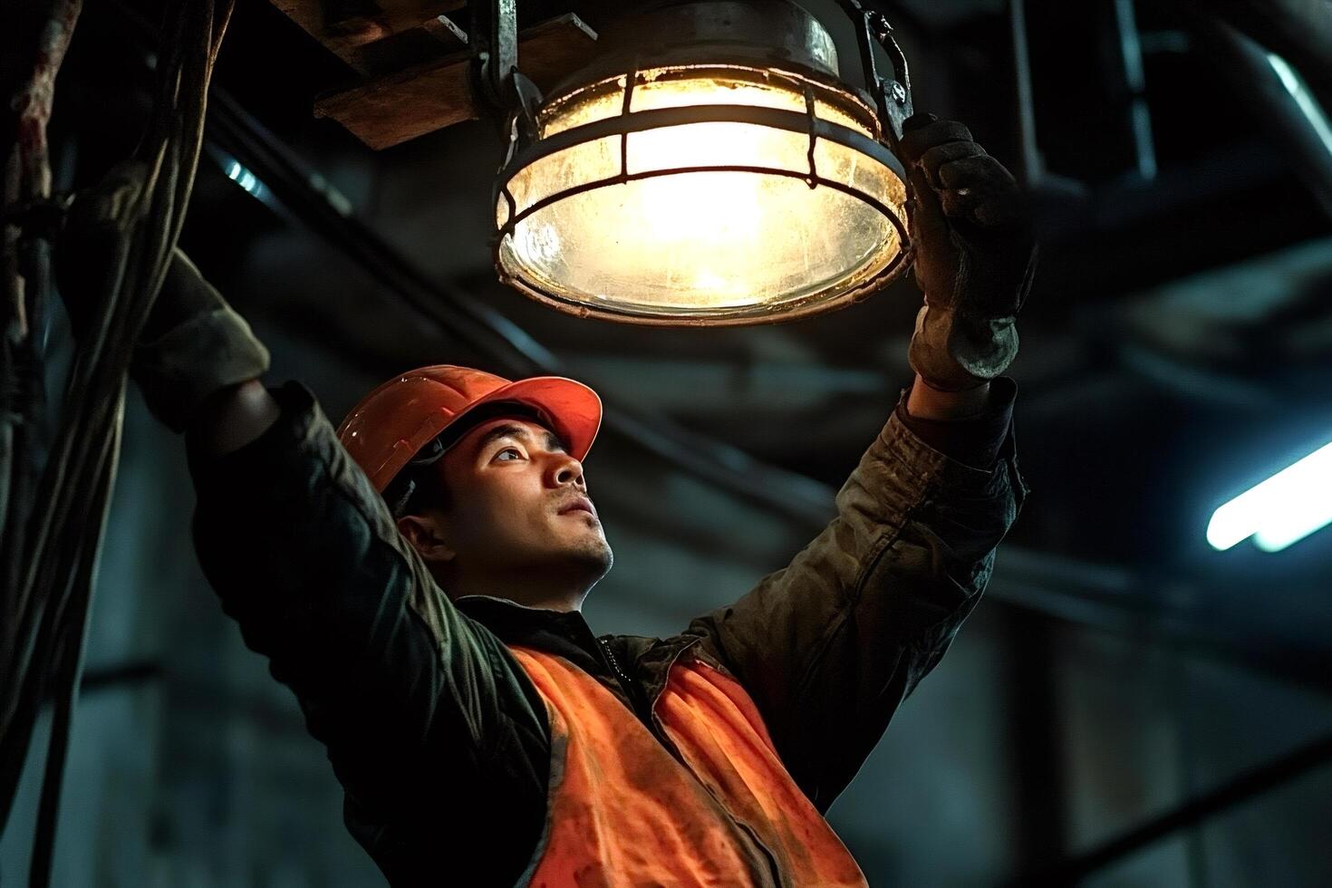 Industrial worker adjusting hanging lamp in dark environment photo