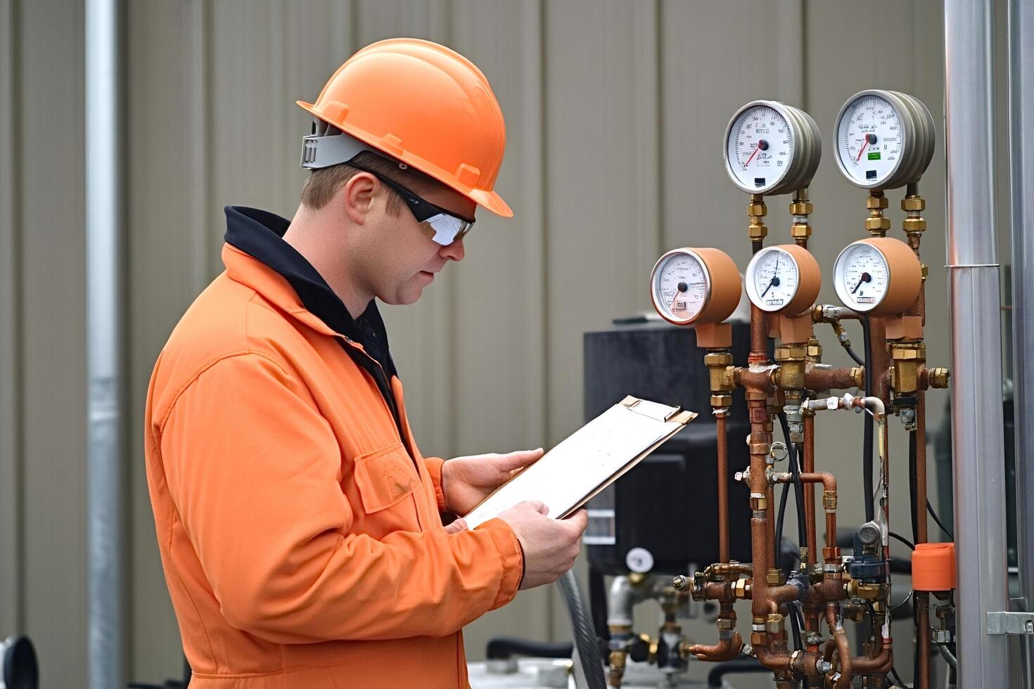 Engineer inspecting pressure gauges and taking notes on clipboard photo