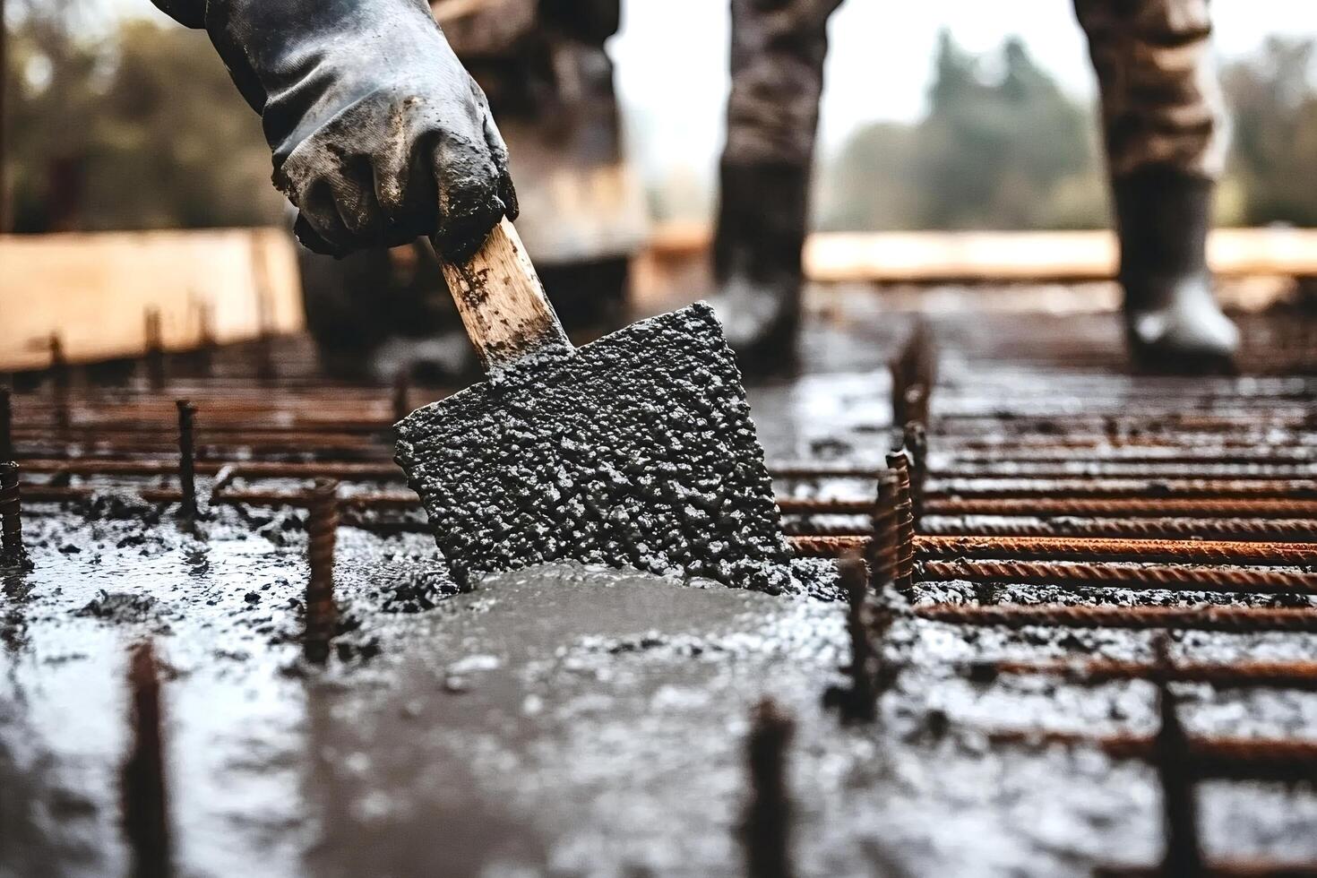 Construction worker spreading concrete over rebar with hand trowel photo