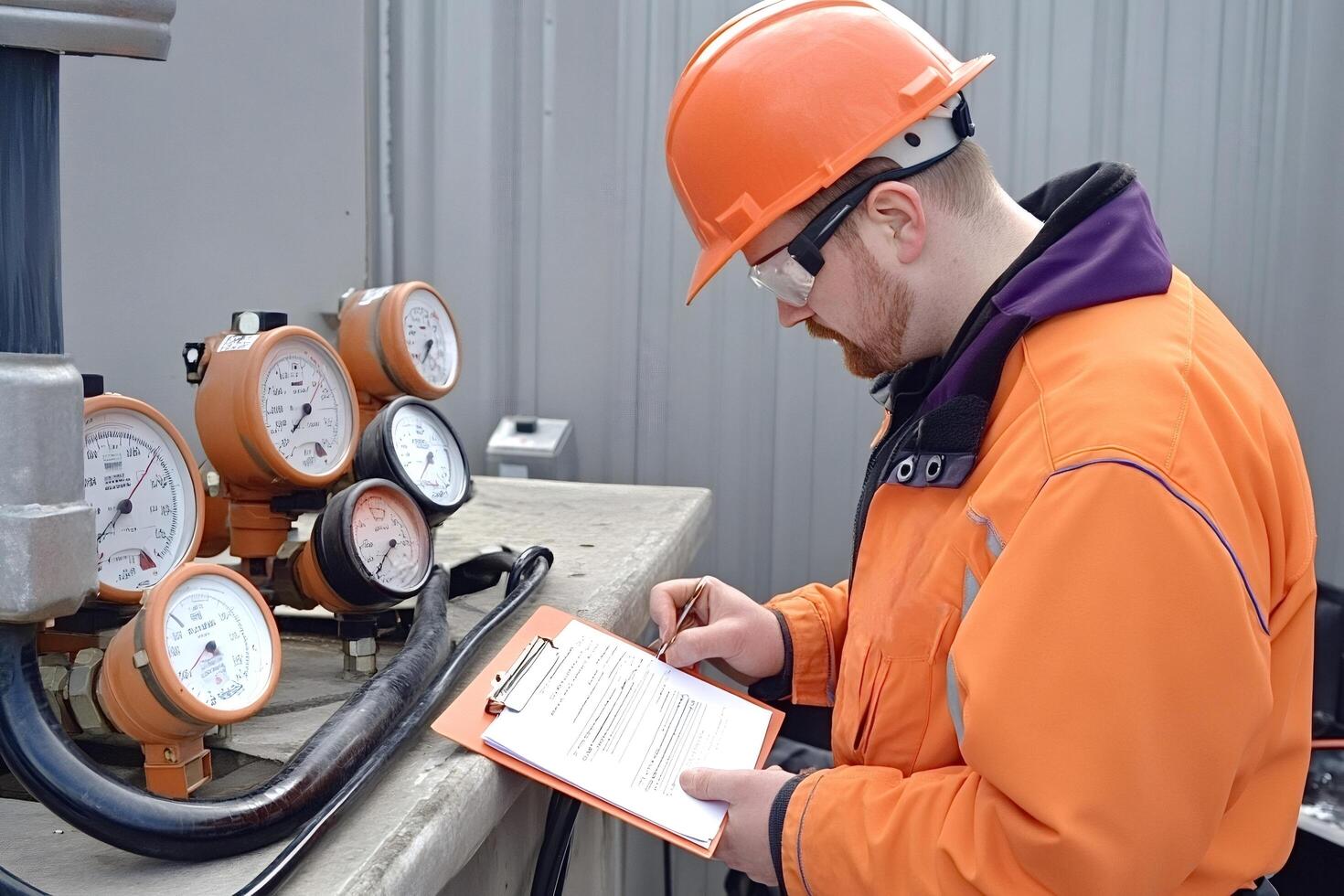 Gas engineer taking readings of pressure gauges and recording data photo