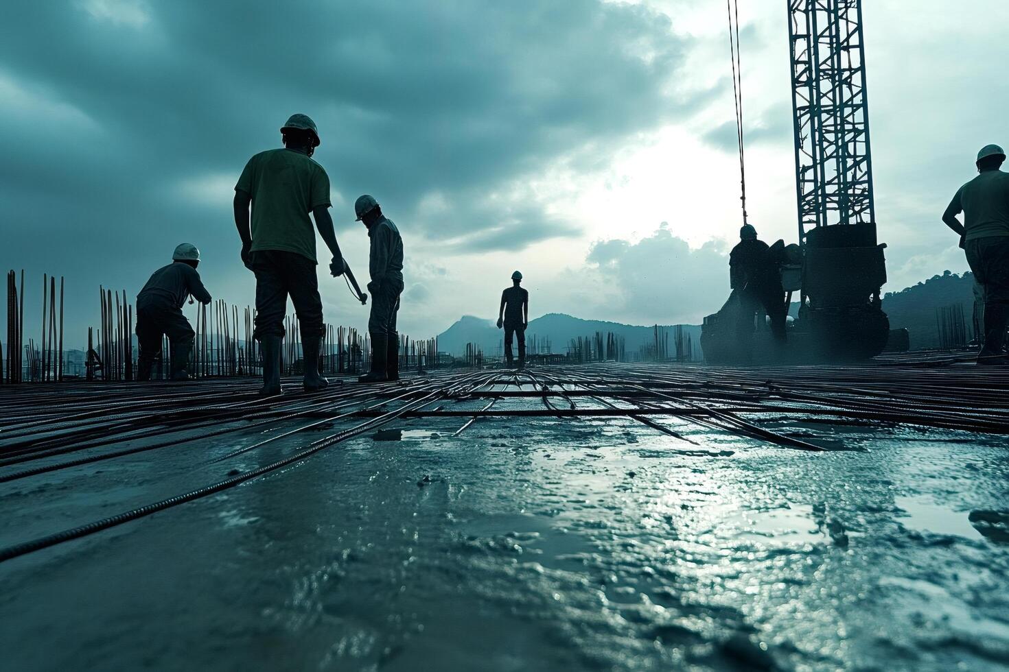 Construction workers building structure on concrete surface at site photo