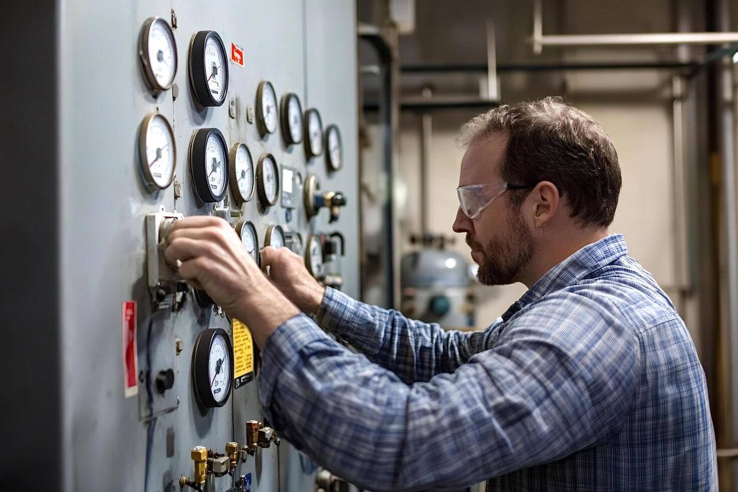 Engineer working on control panel with gauges in industrial setting photo
