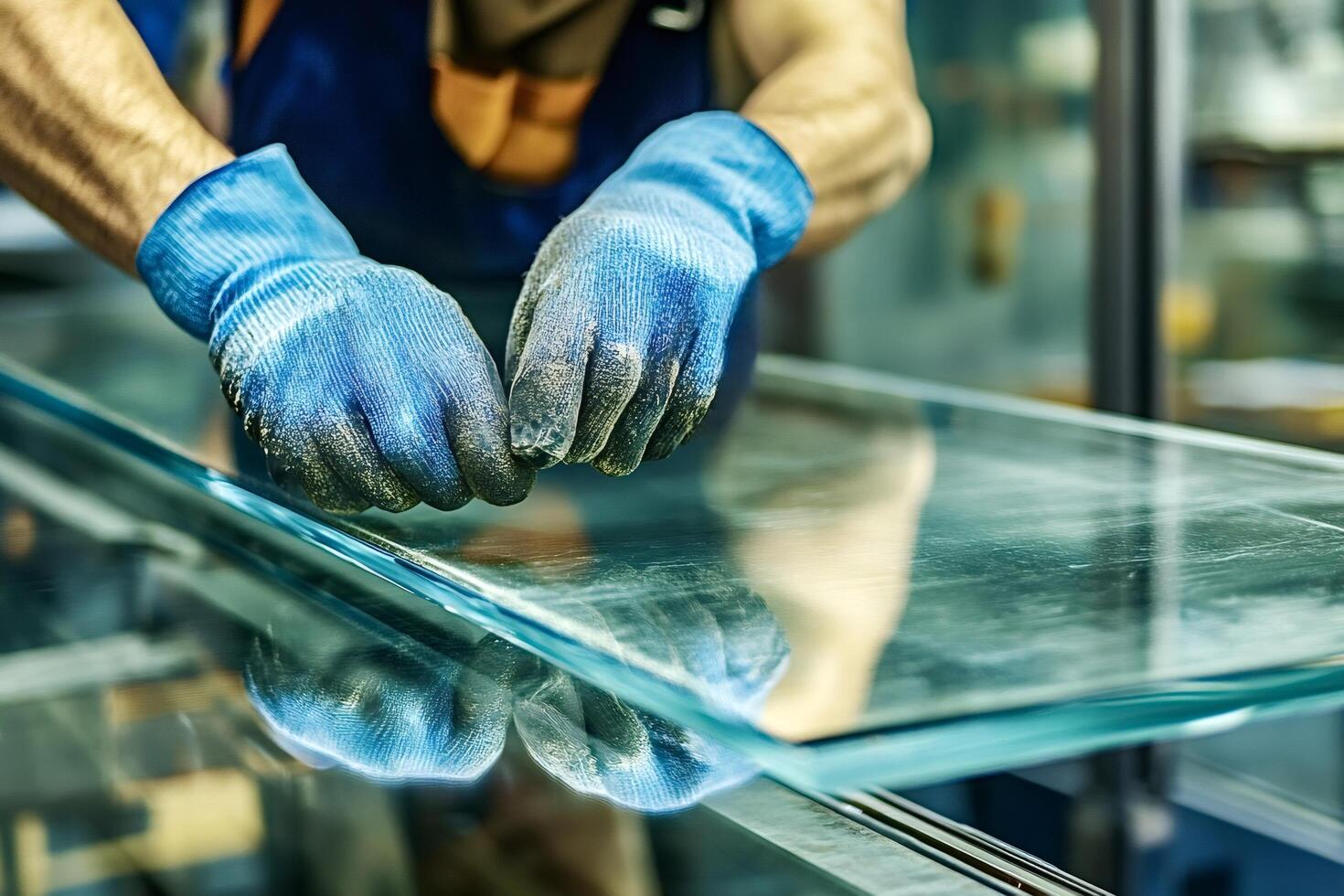 Glazier working with glass pane in workshop photo