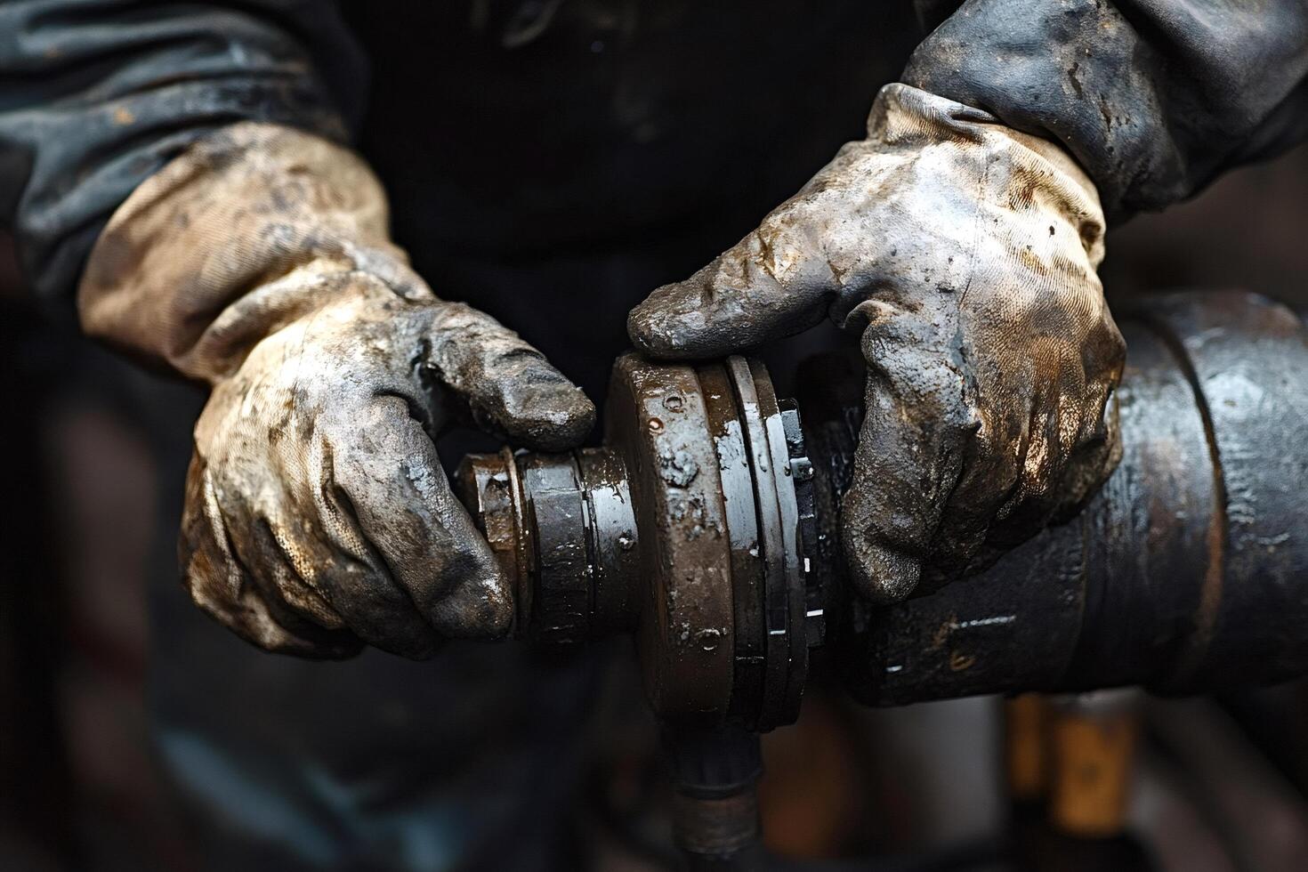 Mechanic repairing industrial part wearing dirty gloves photo