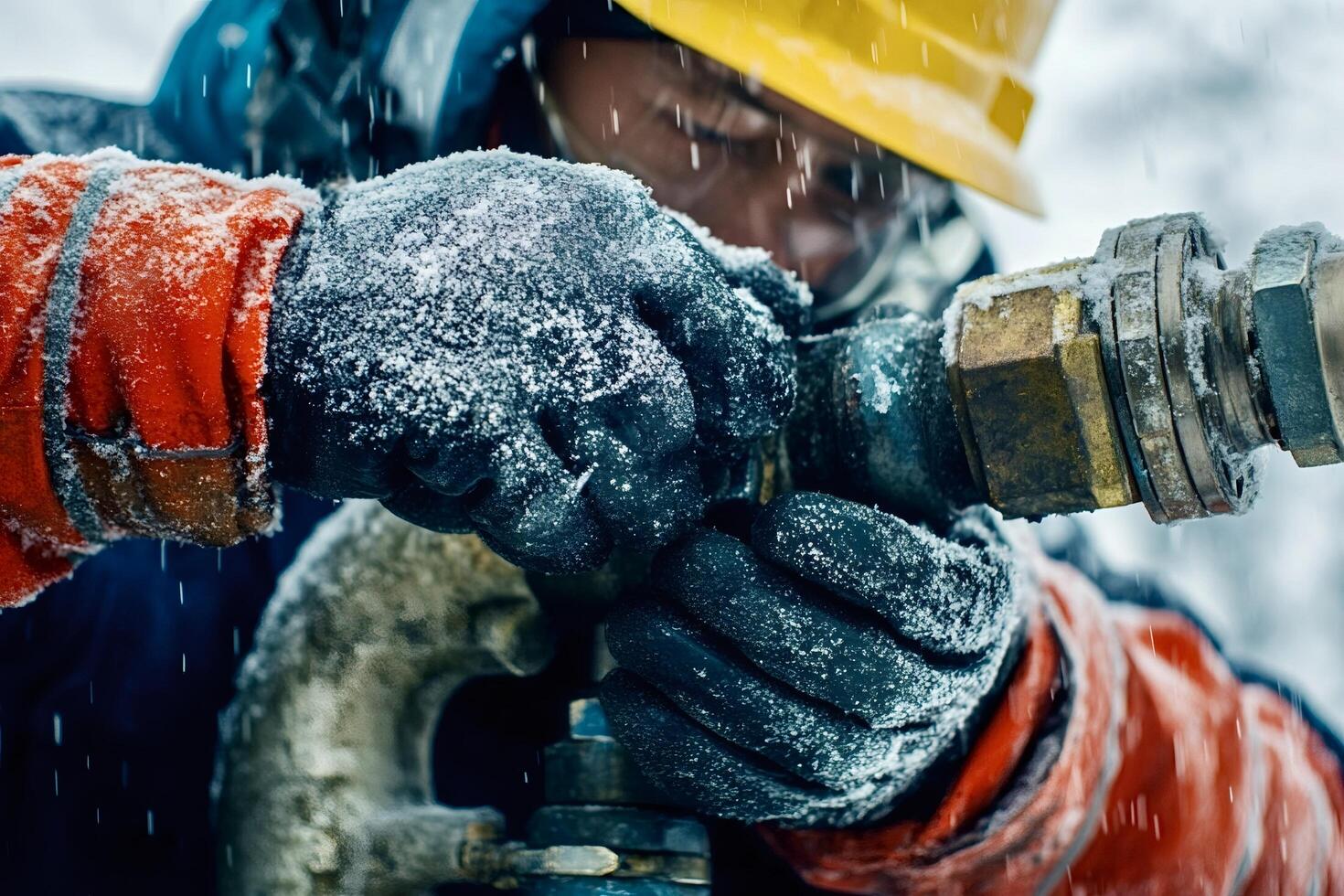 Oil worker repairing pipeline in snowy blizzard conditions photo