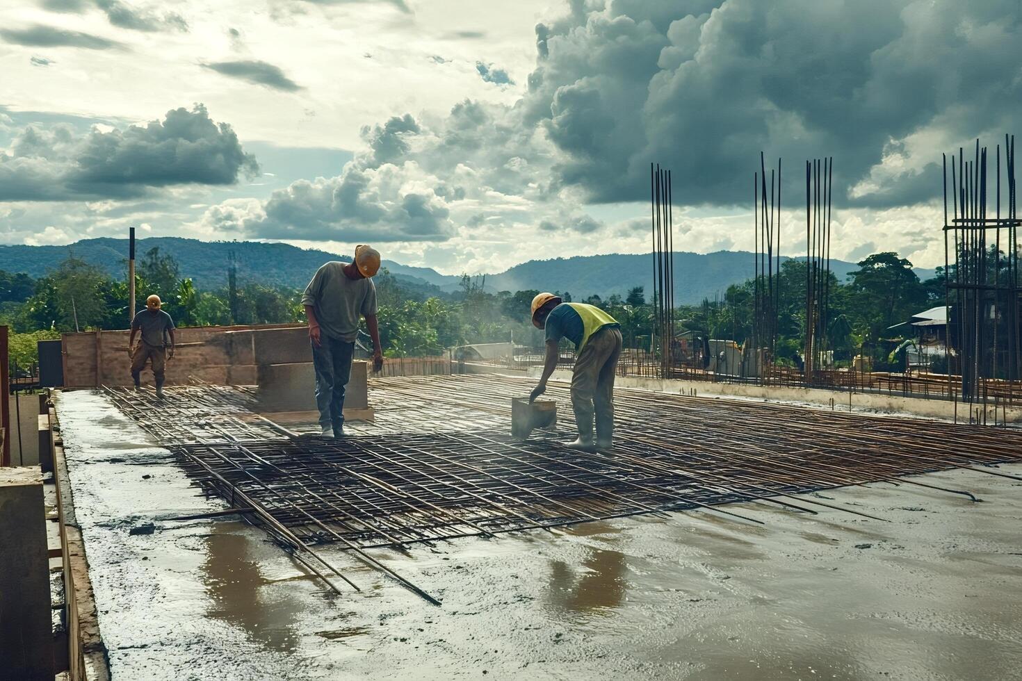 Construction workers building concrete roof structure photo