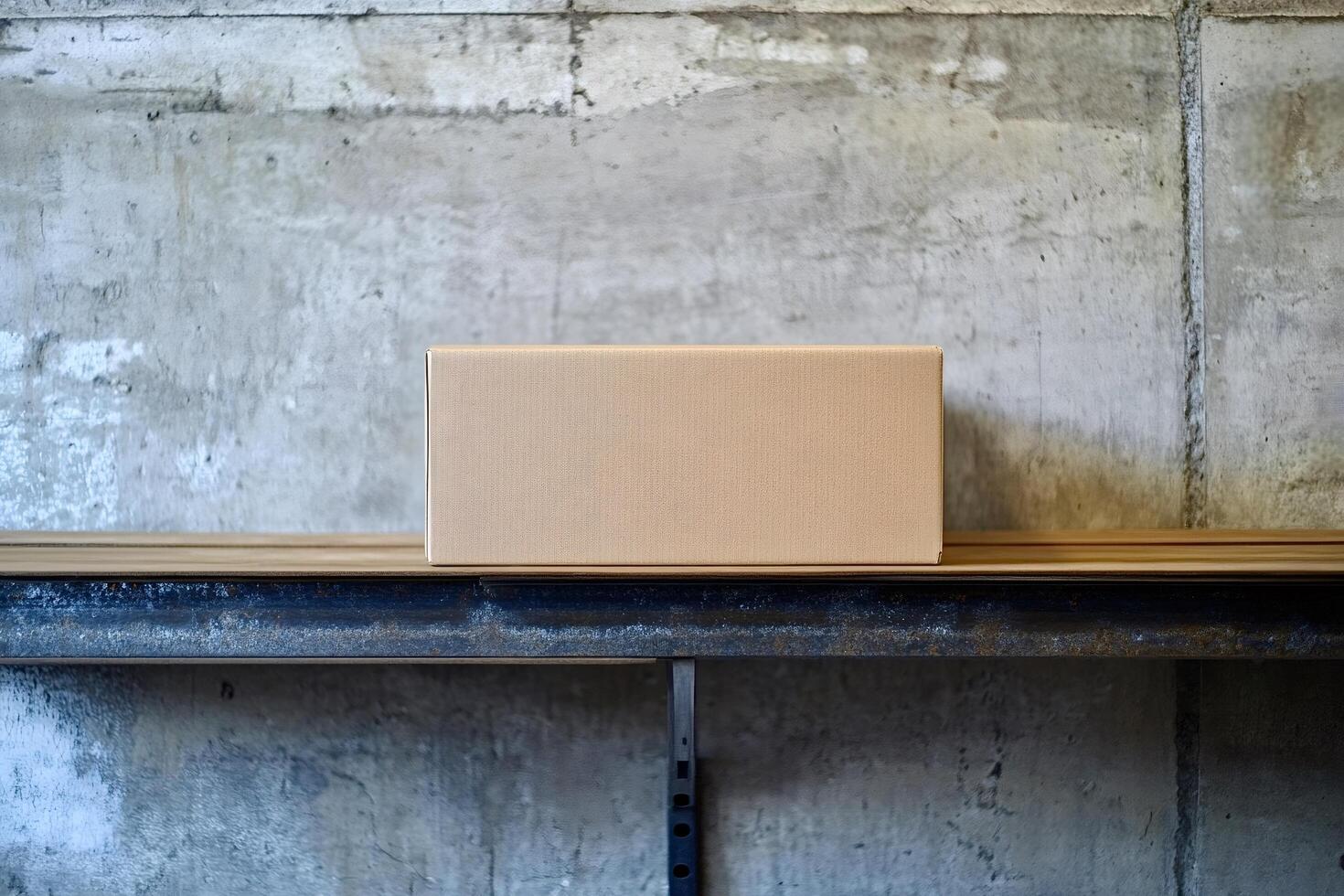 Cardboard box sitting on metal shelf in warehouse setting photo