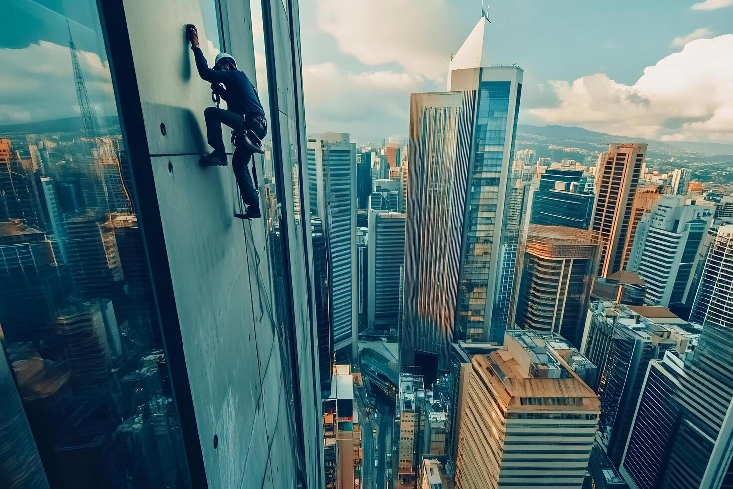 Window cleaner working on skyscraper in a big city photo