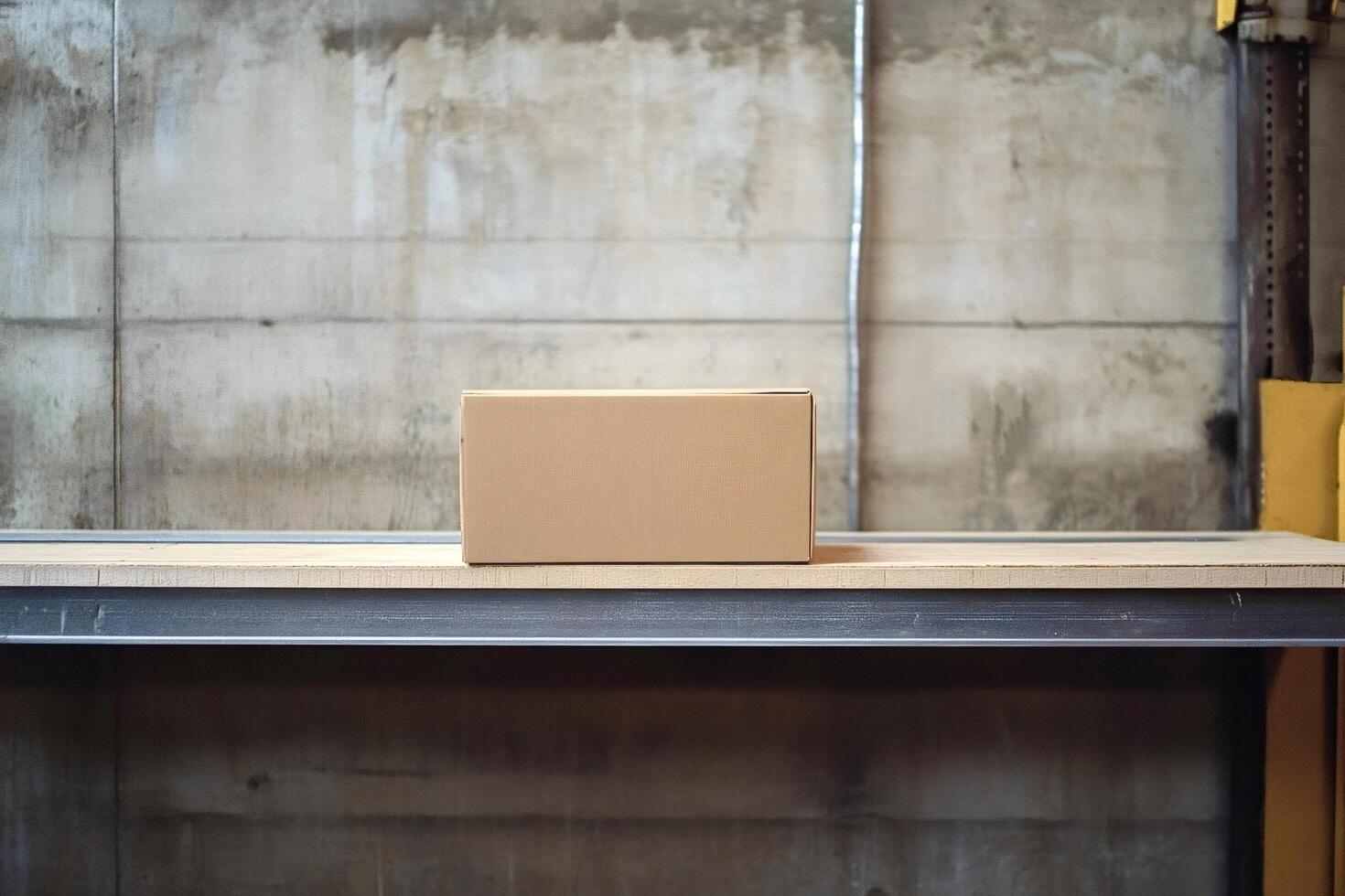 Cardboard box sitting on metal shelf in warehouse, shipping and receiving photo
