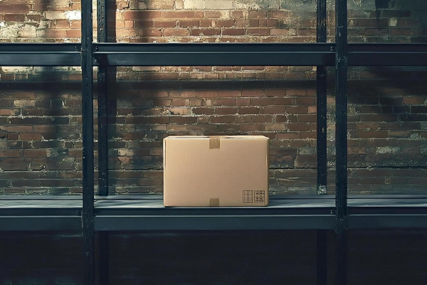 Cardboard box sitting on metal shelf in warehouse photo