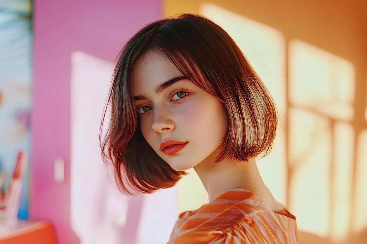 Brunette model posing with short hair and trendy makeup in colorful studio photo