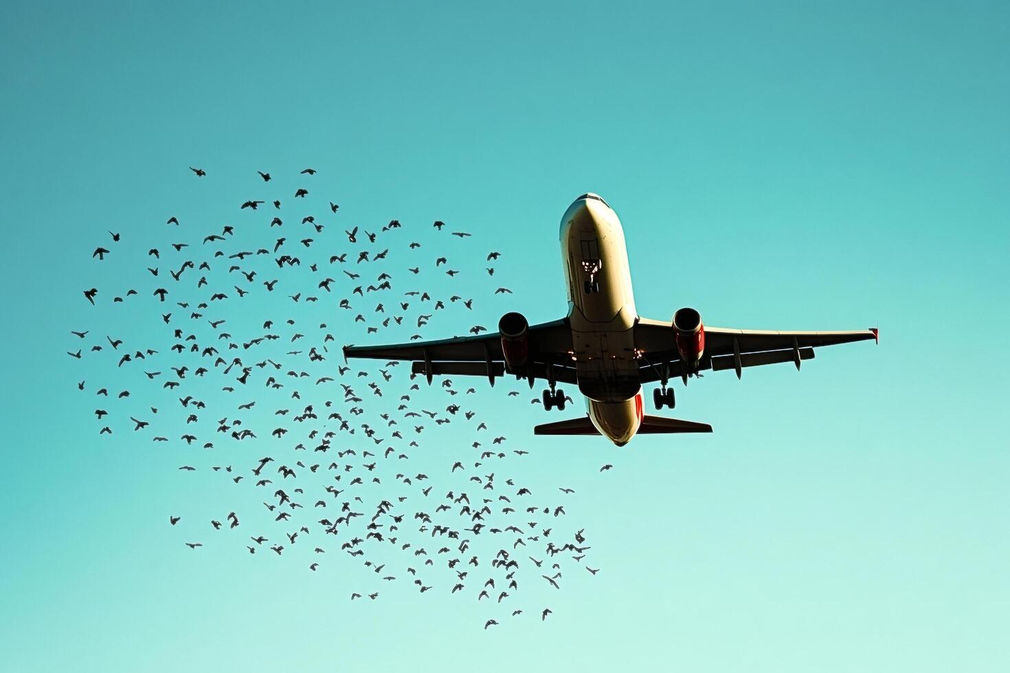 Passenger airplane flying over birds in a clear sky photo
