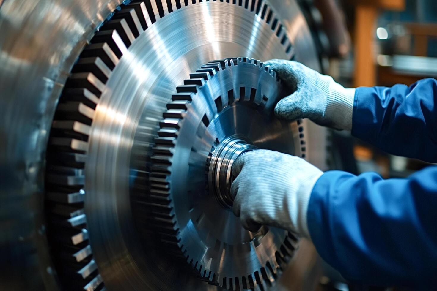 Industrial worker assembling large metal gear in factory photo