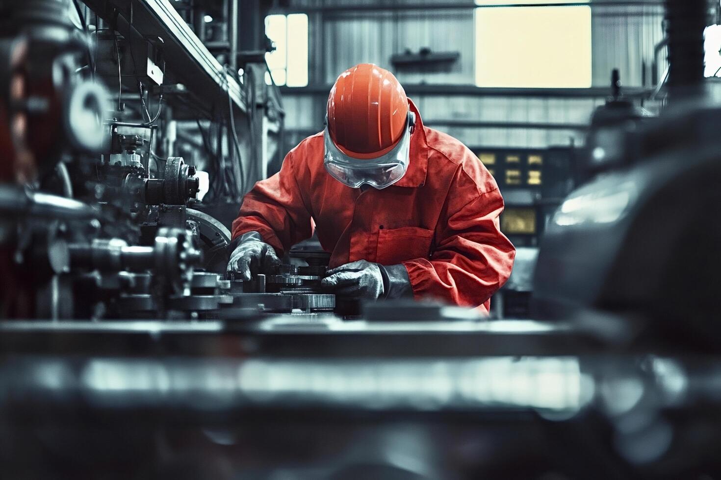 Factory worker assembling machine parts on production line photo