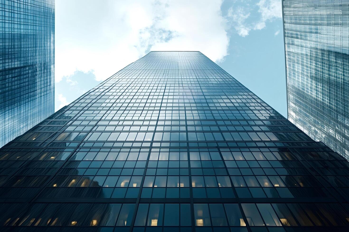Modern skyscraper rising above city buildings with clouds in background photo